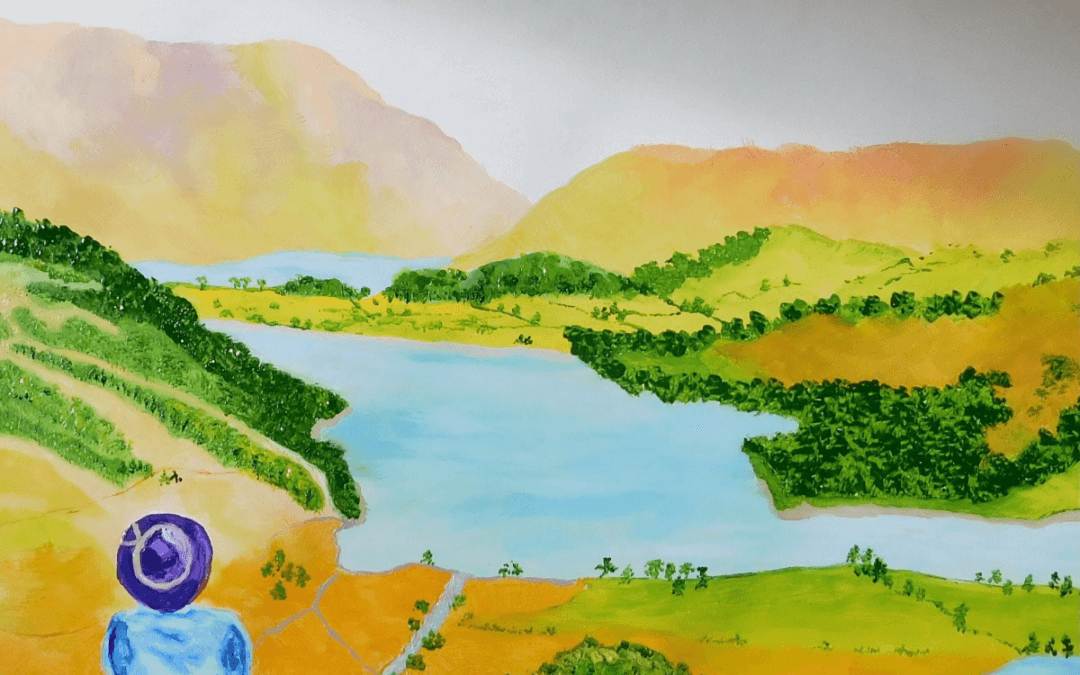 Painting of a women on mountain trail, sitting