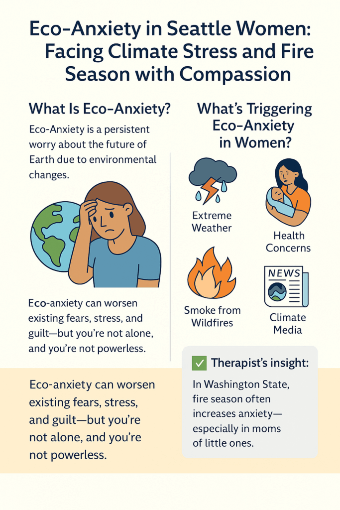 “Infographic explaining eco-anxiety in Seattle women, highlighting triggers like wildfires, extreme weather, health concerns, and climate media, with a therapist’s insight on increased anxiety during fire season.”