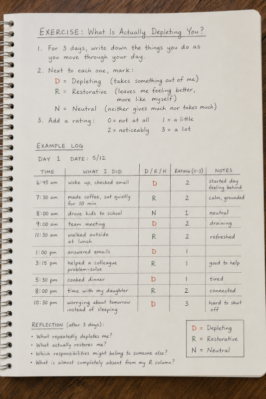 Burnout and anxiety exercise for tracking depleting, restorative, and neutral daily activities